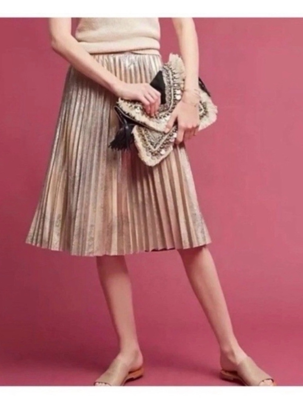 Anthropologie Maeve Pleated Metallic Midi Skirt